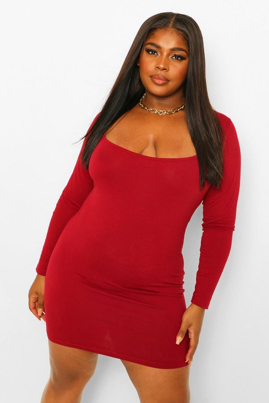 Berry Plus Square Neck Long Sleeve Bodycon Mini Dress image number 1