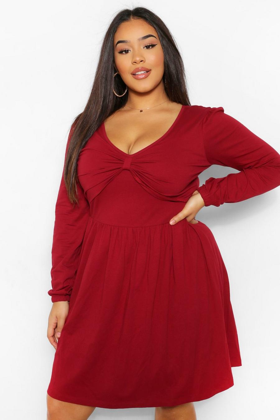 Berry Plus Long Sleeve Twist Front Skater Dress image number 1