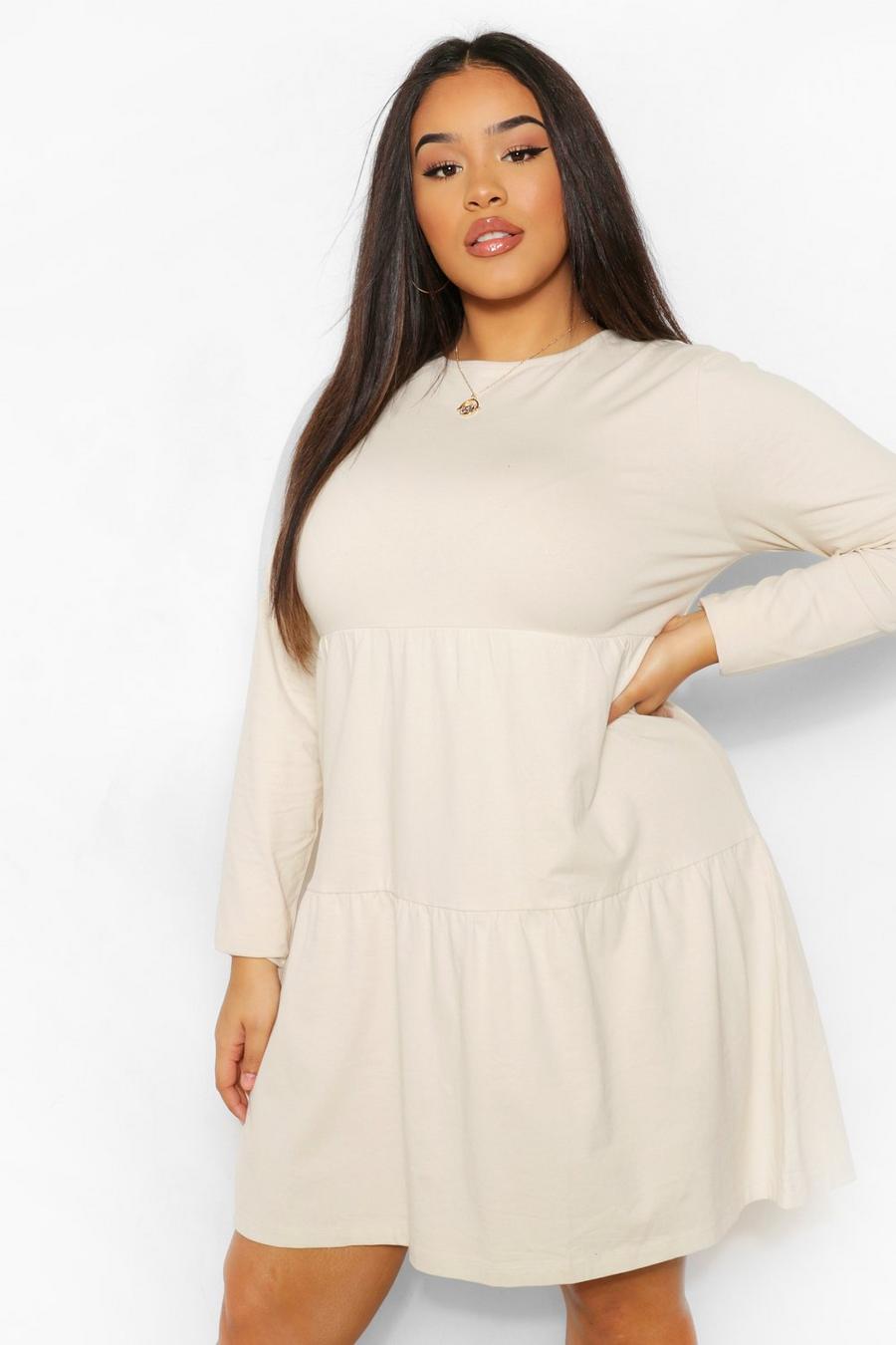 Stone Plus Long Sleeve Crew Neck Tiered Smock Dress image number 1