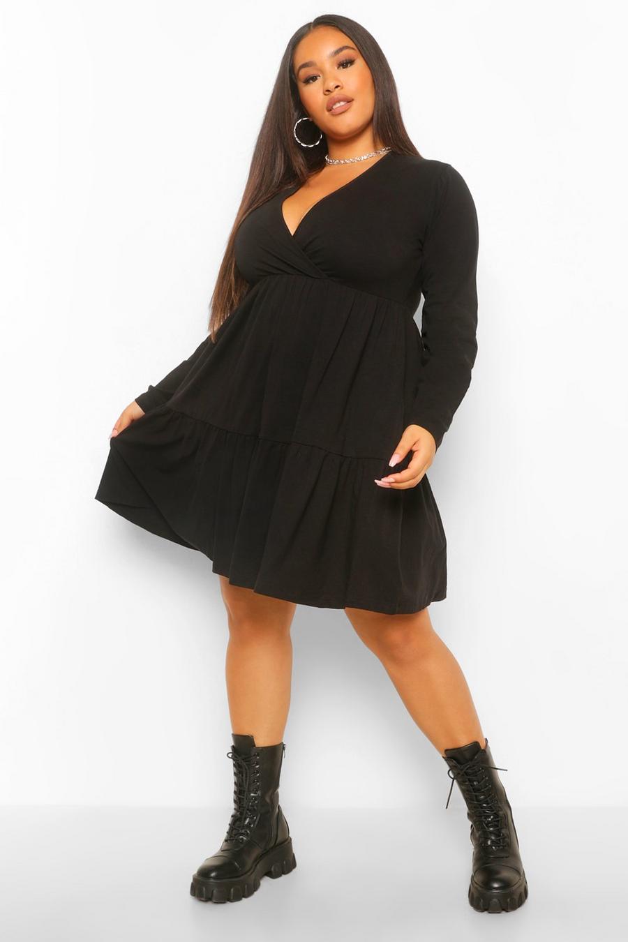 Zwart Plus gesmokte jurk in wikkelstijl met lange mouwen image number 1