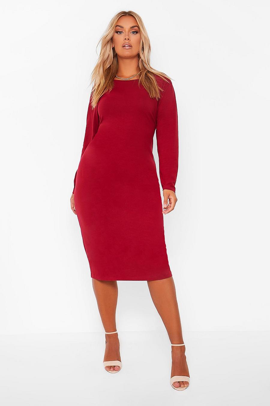 Berry Plus Midi Bodycon Jurk Met Lange Mouwen En Crewneck image number 1