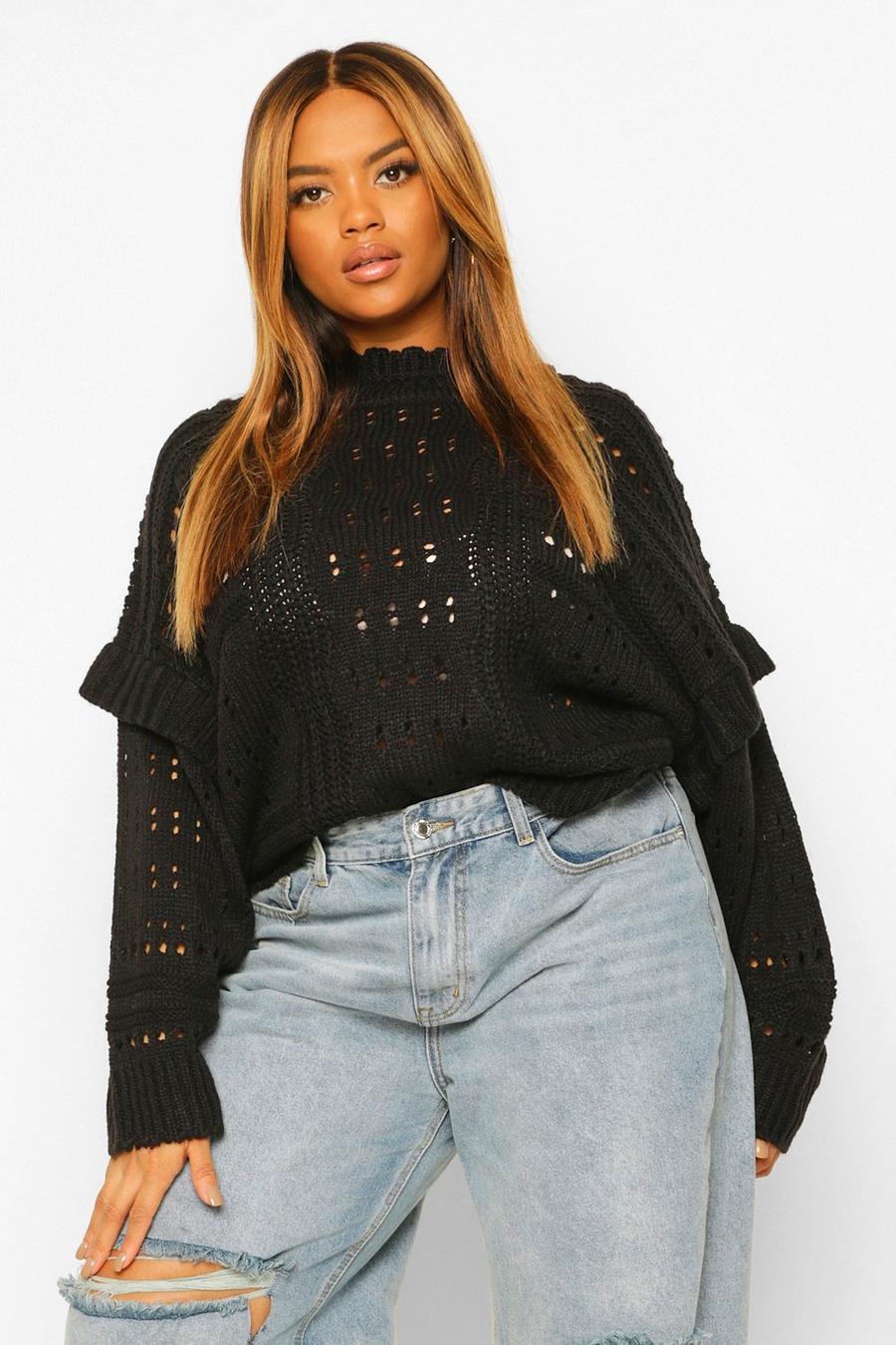 Black Plus Chunky Knit High Neck Ruffle Jumper image number 1