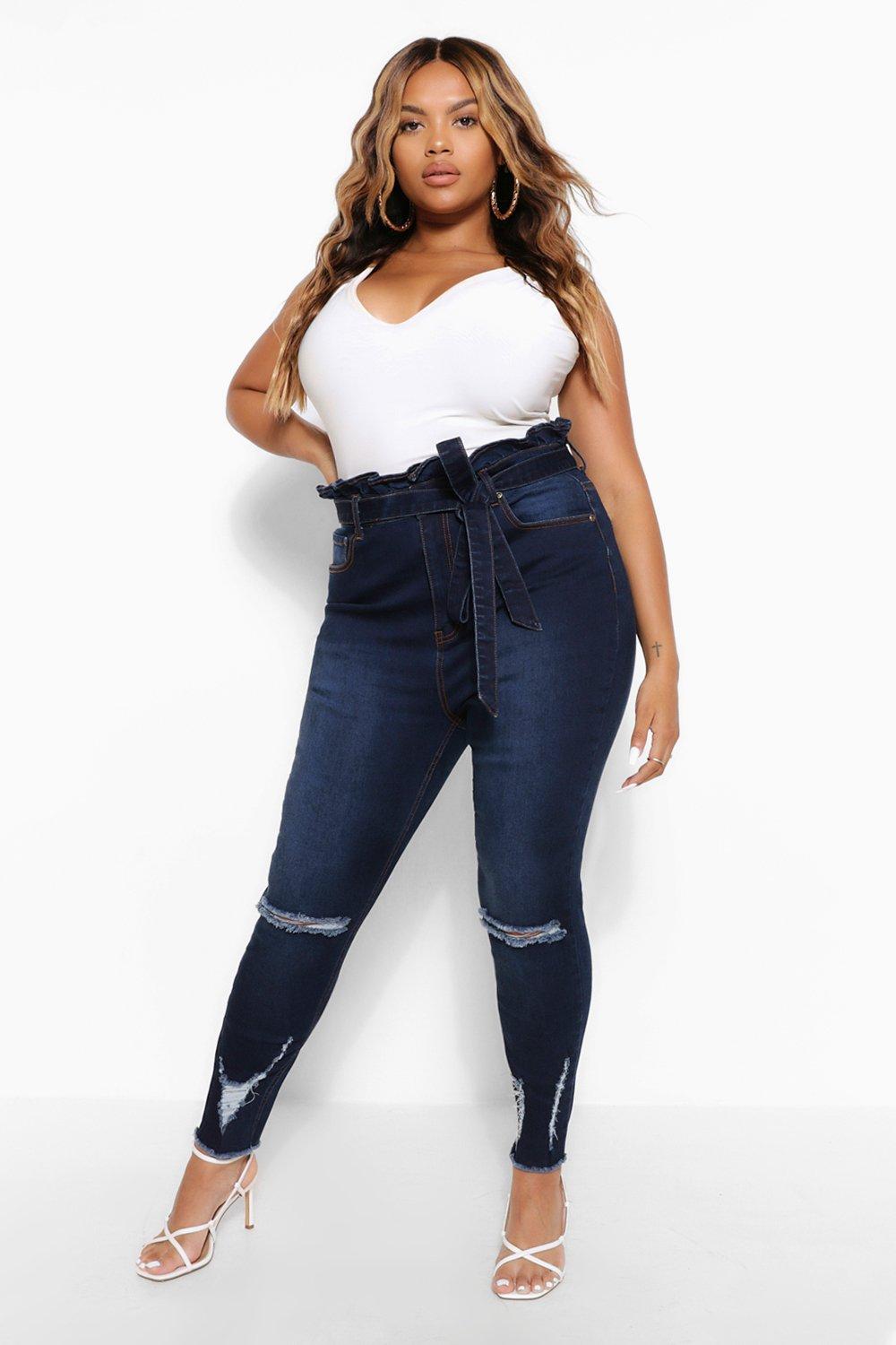 Grande taille Jean skinny taille haute a ceinture et dechirures boohoo FR