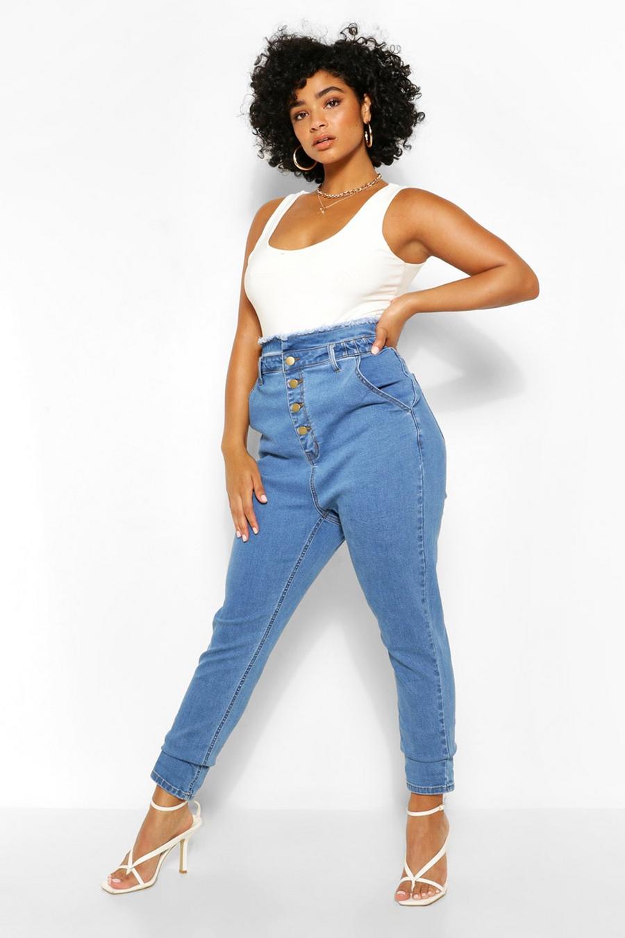 Mid blue Plus - Skinny jeans med slitage och hög midja image number 1