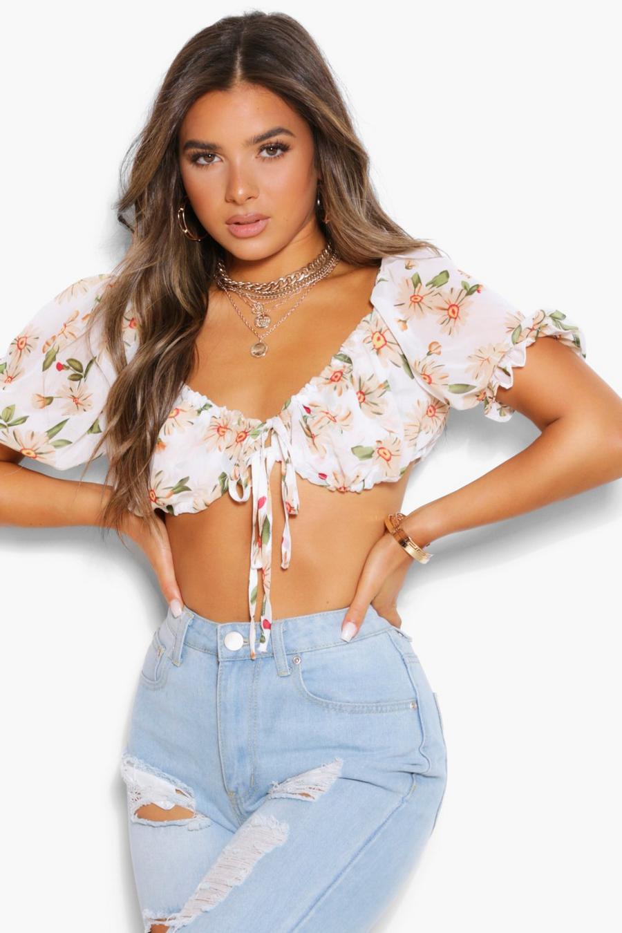 White Petite Floral Ruched Detail Tie Front Bralet image number 1