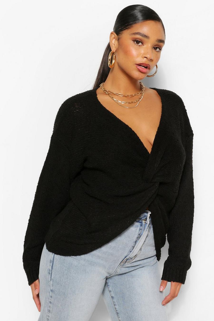 Black Plus Textured Knot Front Oversized Sweater image number 1
