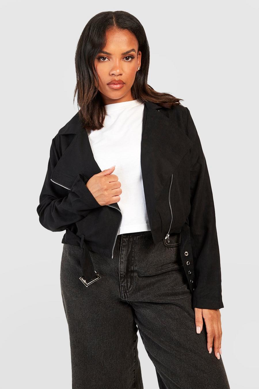 Plus Belted Faux Suede Cropped Moto Jacket | boohoo