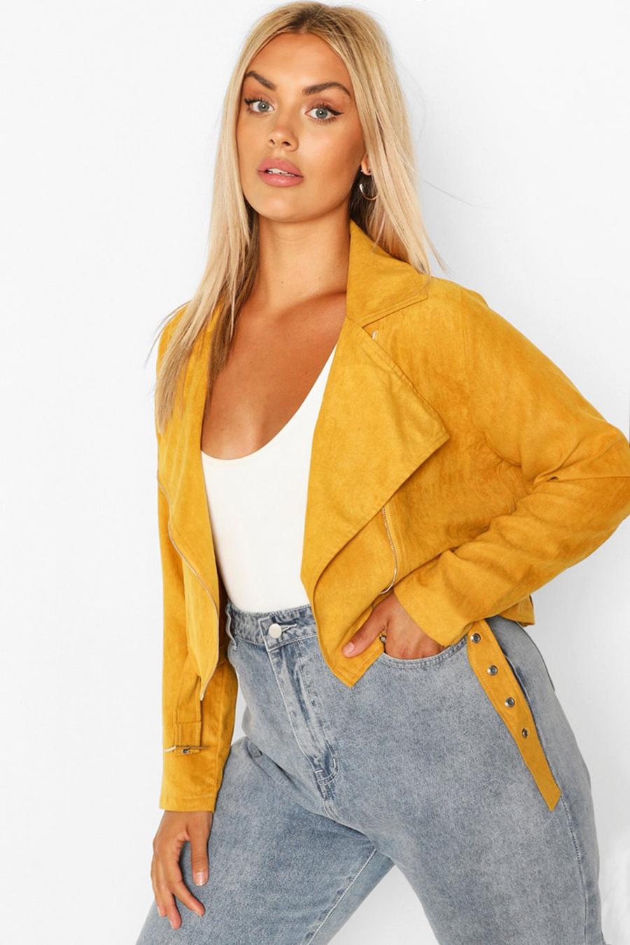 Mustard Plus Belted Faux Suede Cropped Moto Jacket image number 1