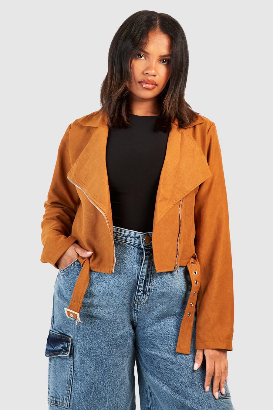 Tan Plus Belted Faux Suede Cropped Moto Jacket image number 1