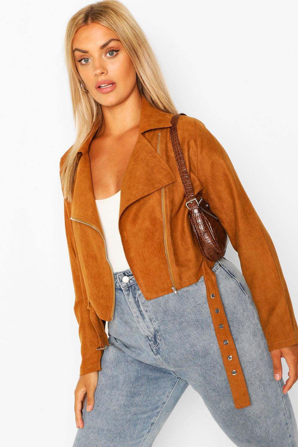 Plus Belted Faux Suede Cropped Biker Jacket boohoo UK