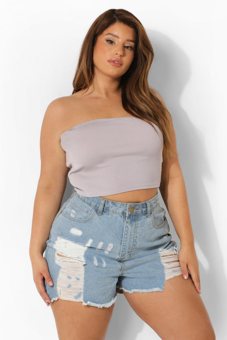 Grey Plus Curved Hem Rib Bandeau Tube Top image number 1