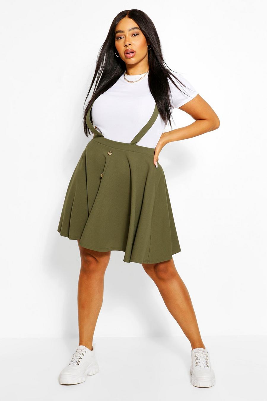 Khaki Plus Button Front Pinafore Skirt image number 1
