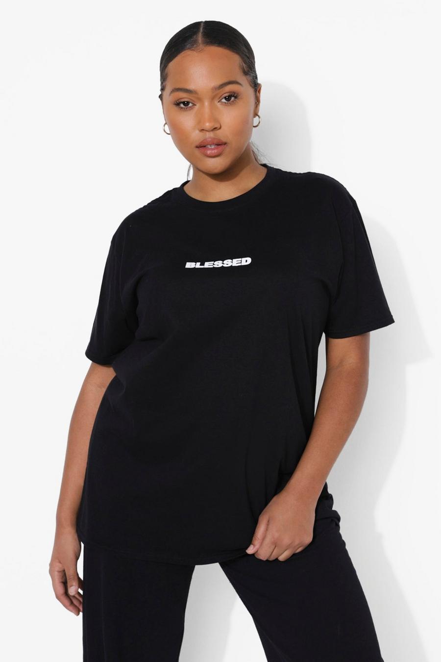Camiseta Plus con eslogan Blessed, Negro image number 1