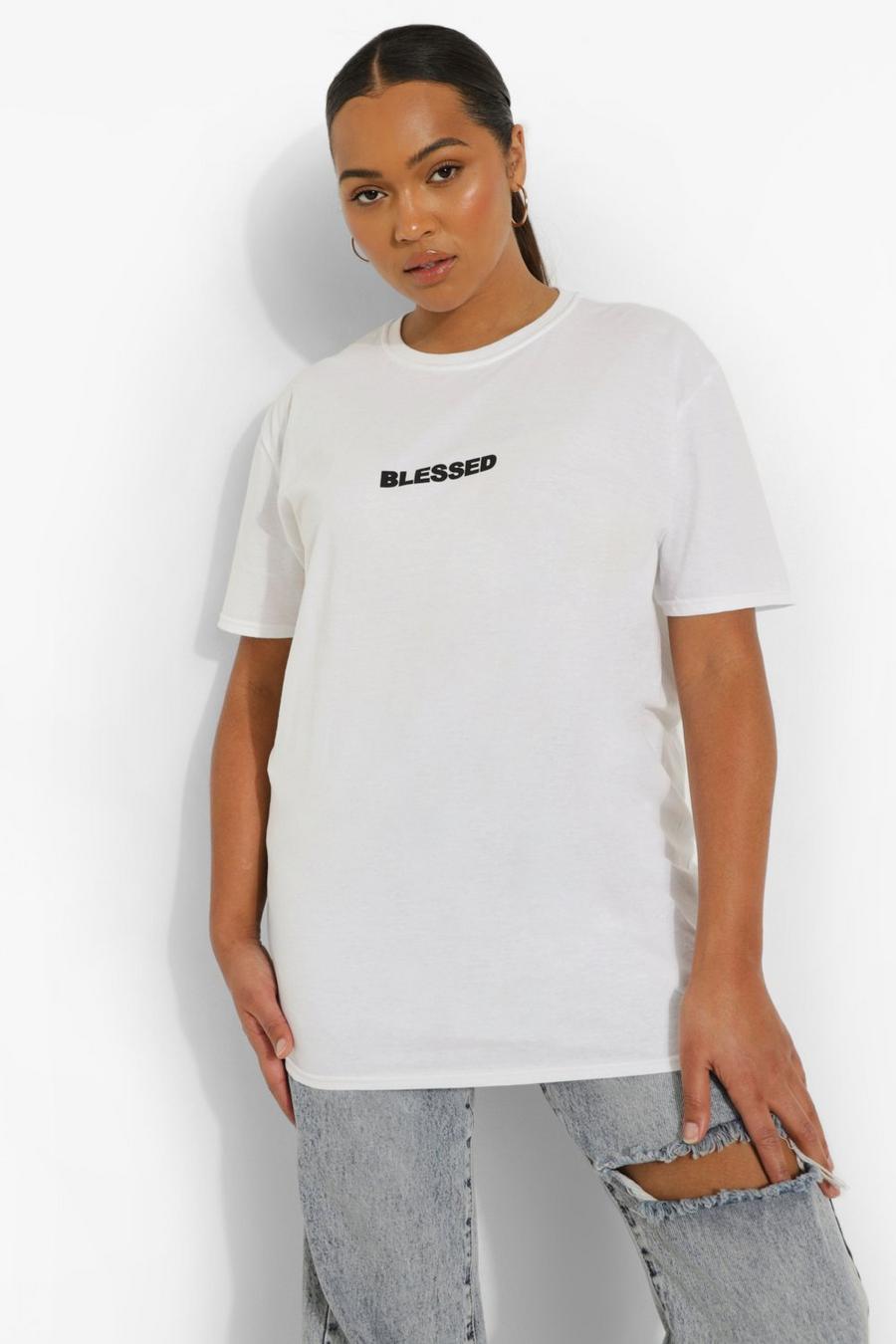 Camiseta Plus con eslogan Blessed, Blanco image number 1