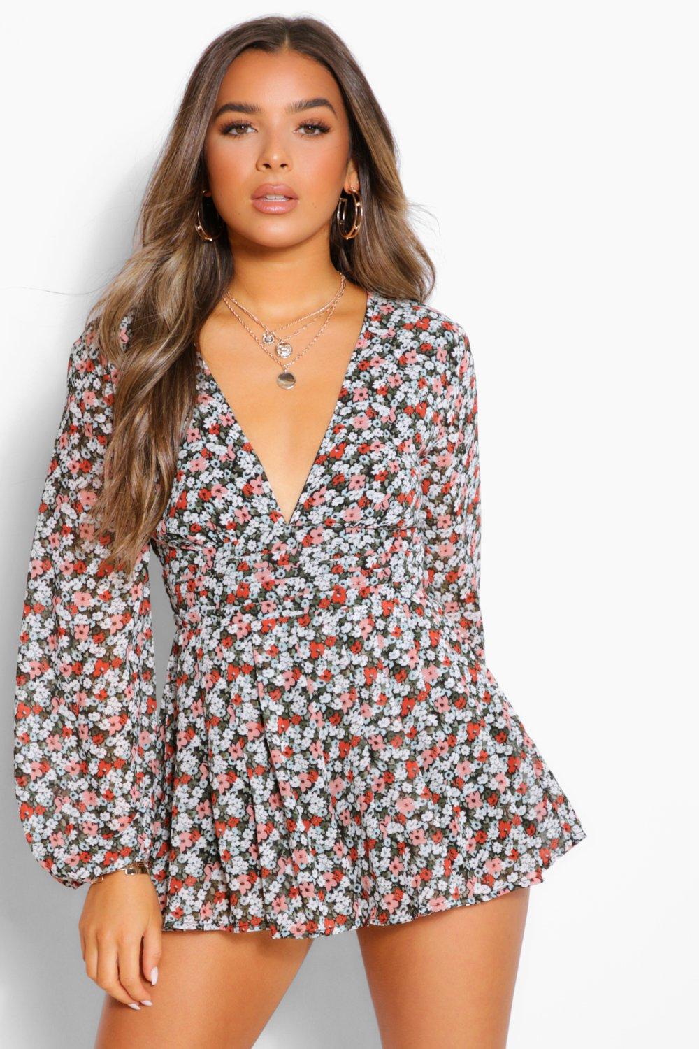 Black Floral Long Sleeve Romper