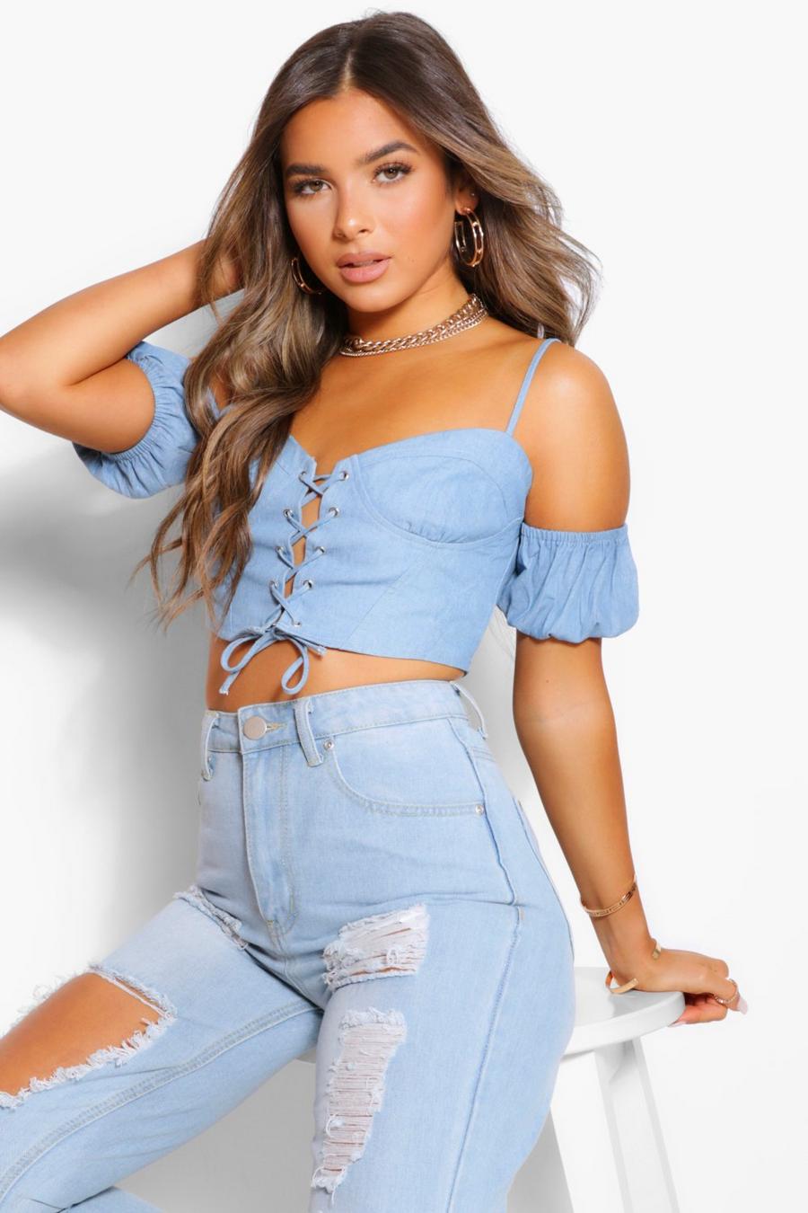 Light blue Petite Denim Volume Sleeve Corset image number 1