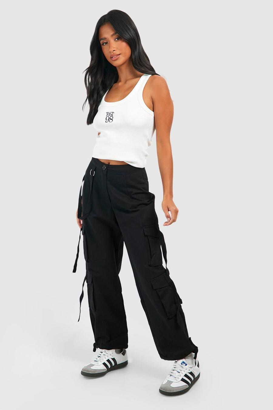 Petite - Pantalon style utilitaire en coton à poches, Black image number 1