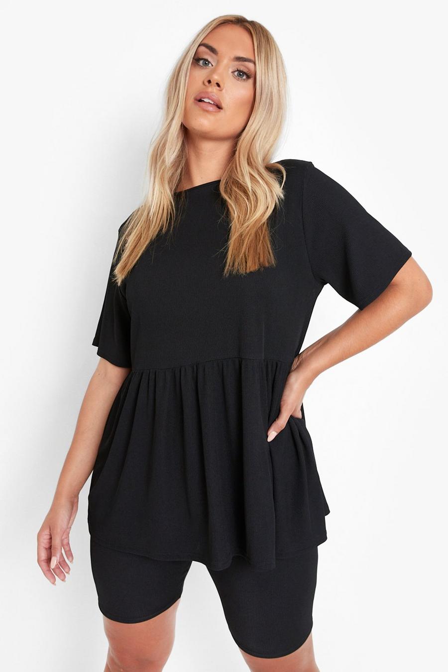 Black Plus Smock Top And Biker Shorts Two-Piece