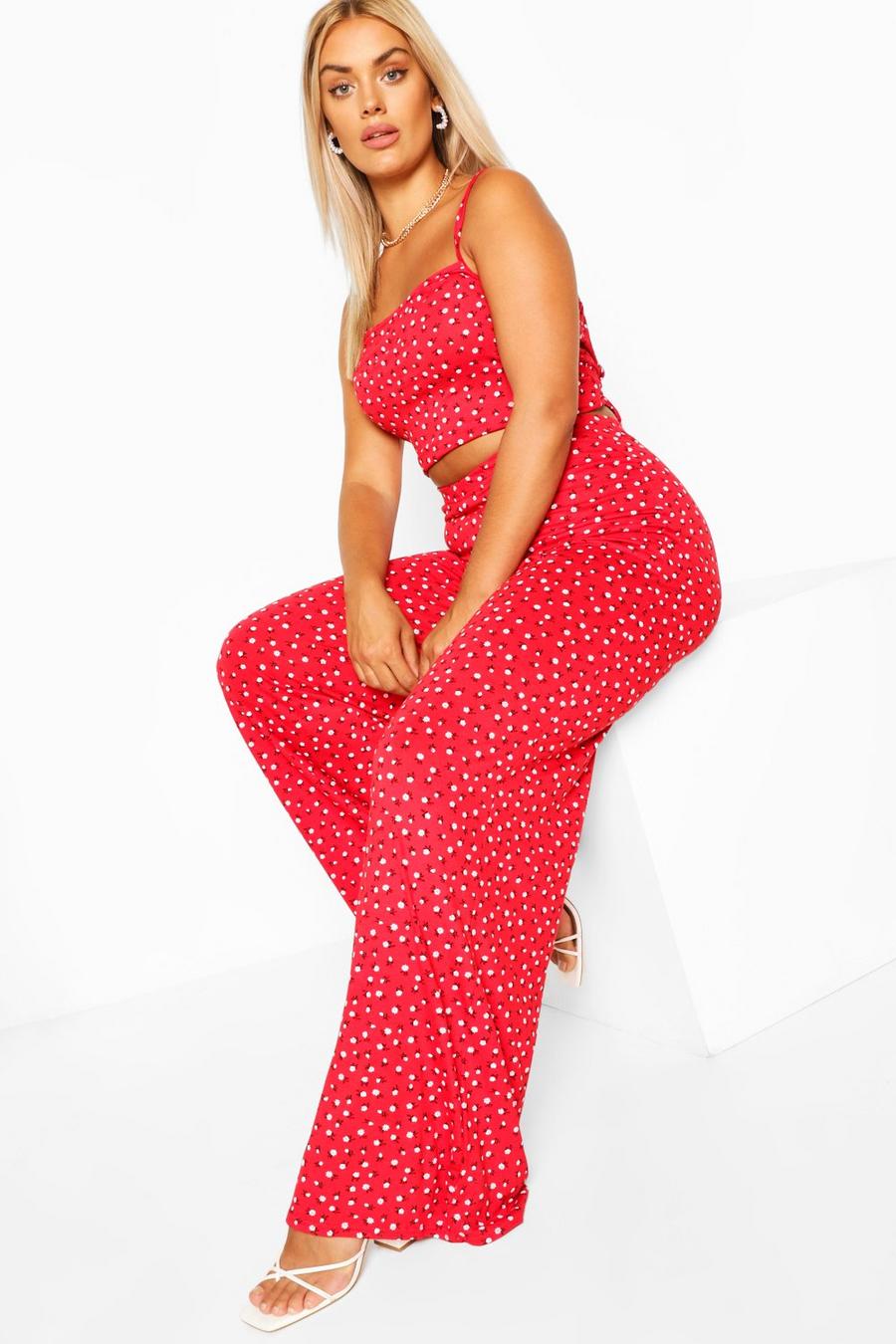 Red Plus Floral Strappy Top & Pants Co Ord image number 1