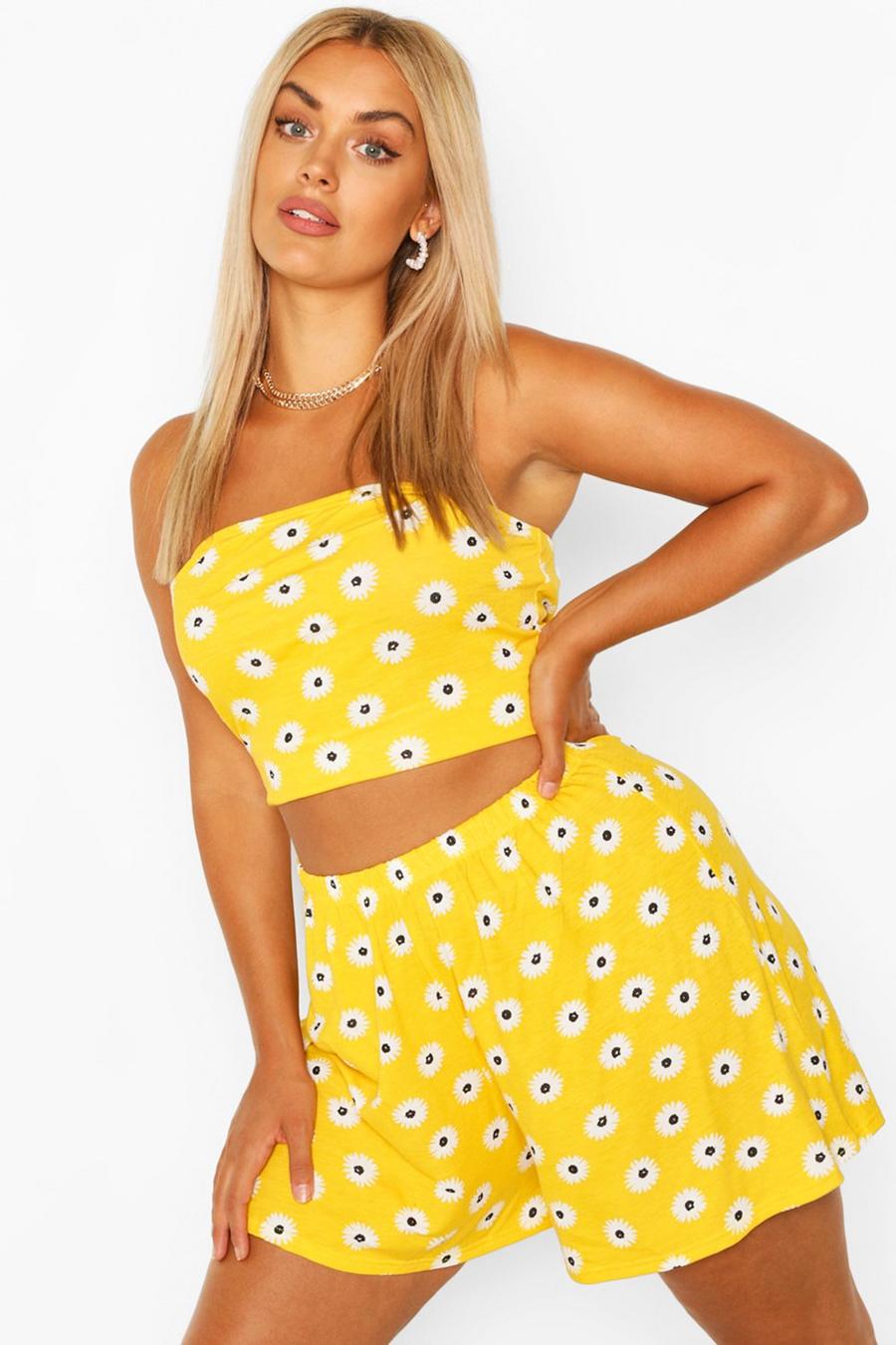 Yellow Plus Floral Bandeau & Flippy Short Co Ord image number 1