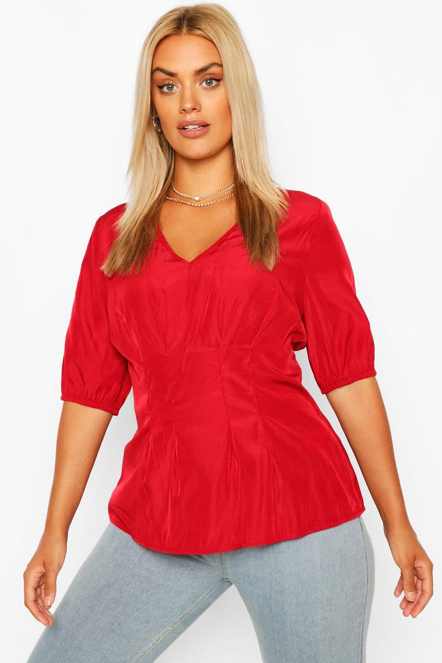Berry Plus Puff Sleeve V Neck Pleated Peplum Top image number 1