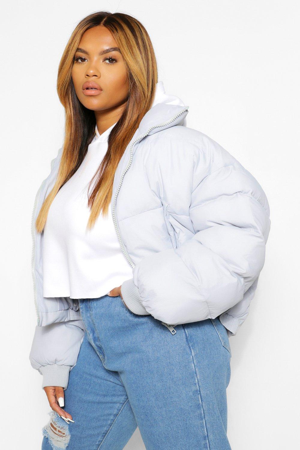 Plus Funnel Neck Cropped Puffer Jacket