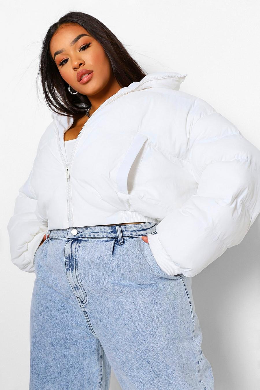 White Plus Funnel Neck Cropped Puffer Jacket image number 1