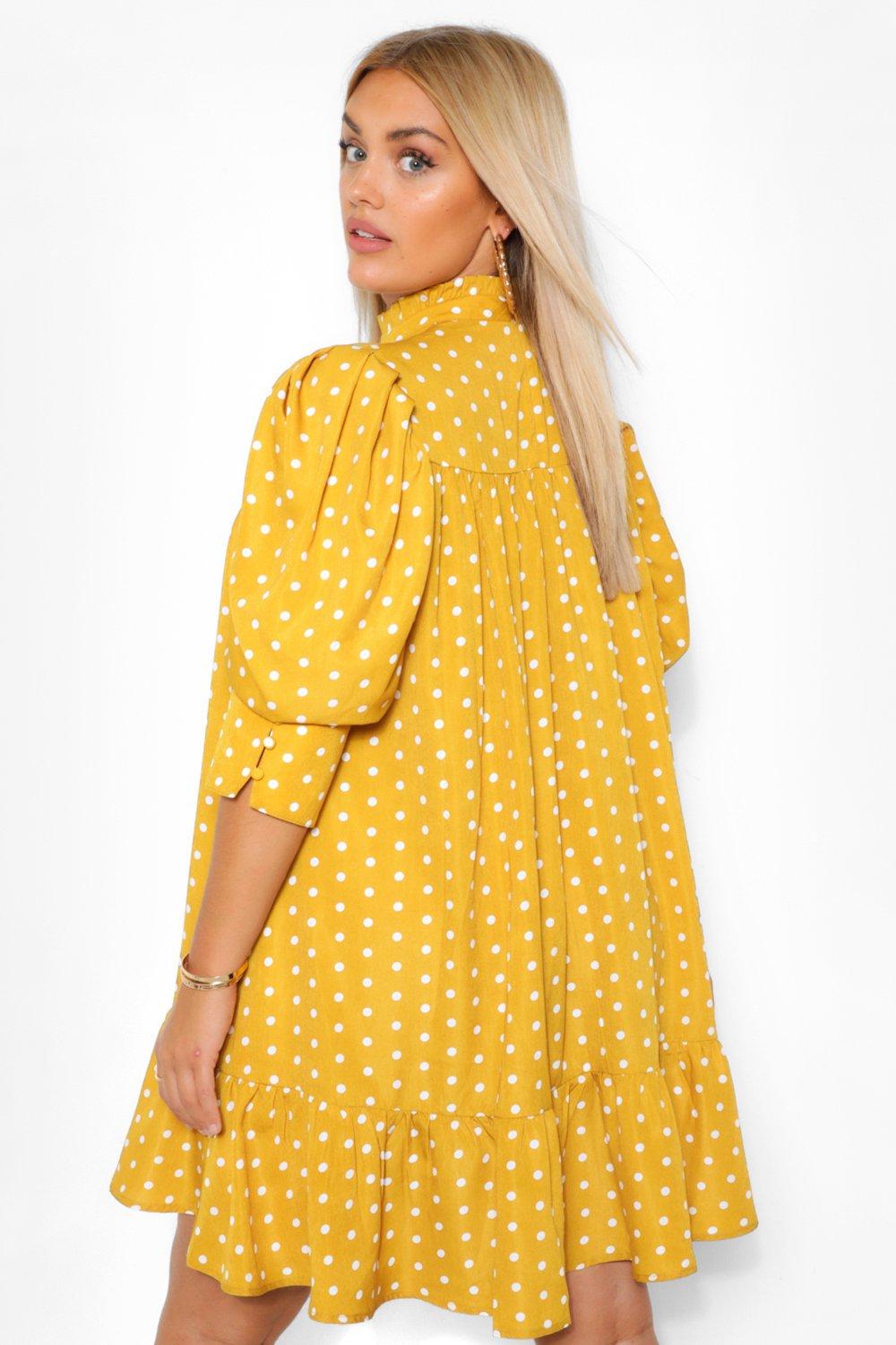 printed puff sleeve ruffle neck smock dress