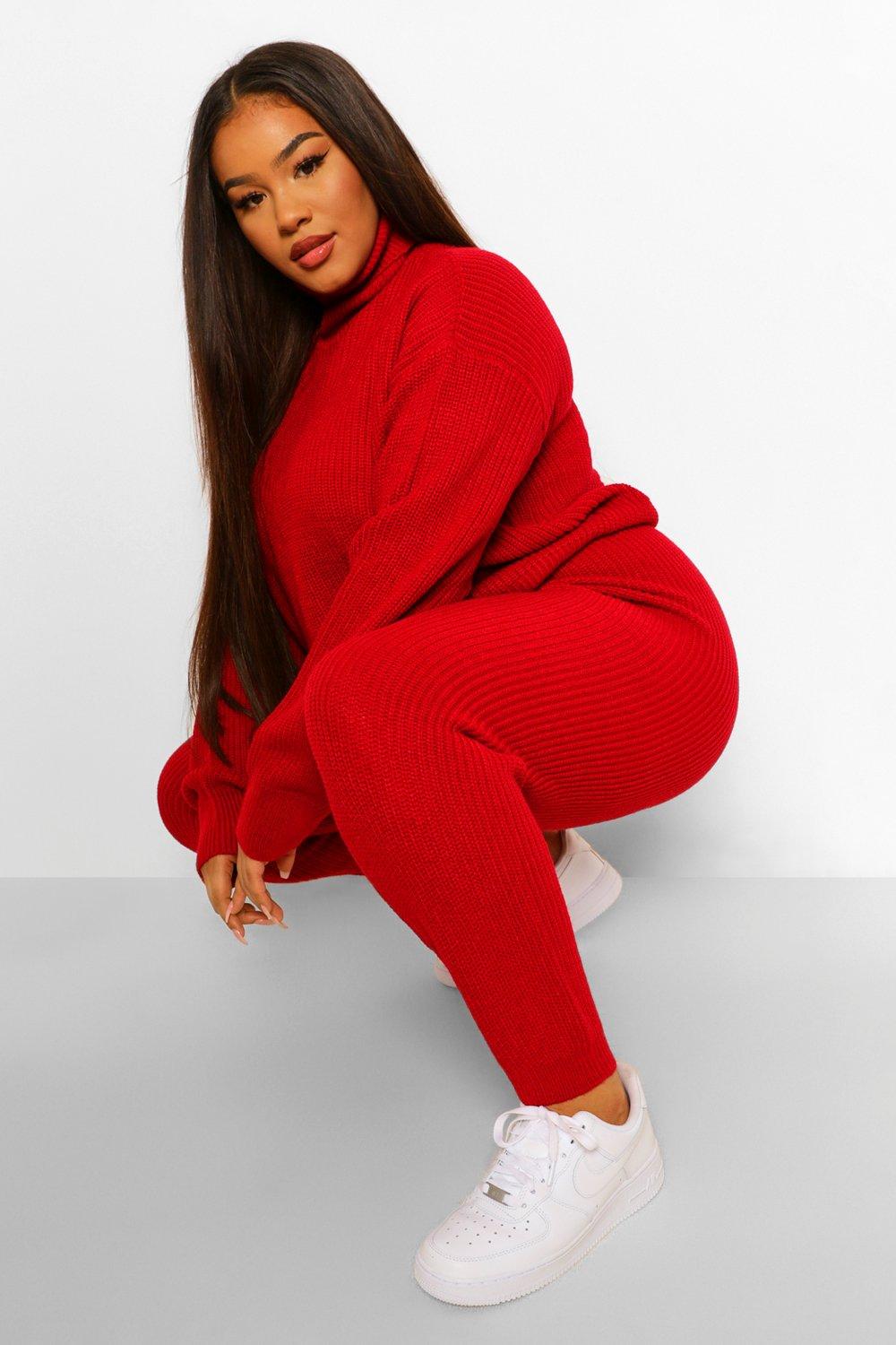 Women s Red Plus Turtle Neck Knit Jogger Loungewear Set Boohoo UK