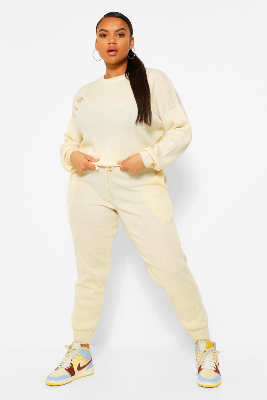 Ecru Plus Knitted Jumper & Track Pant Co-Ord image number 1