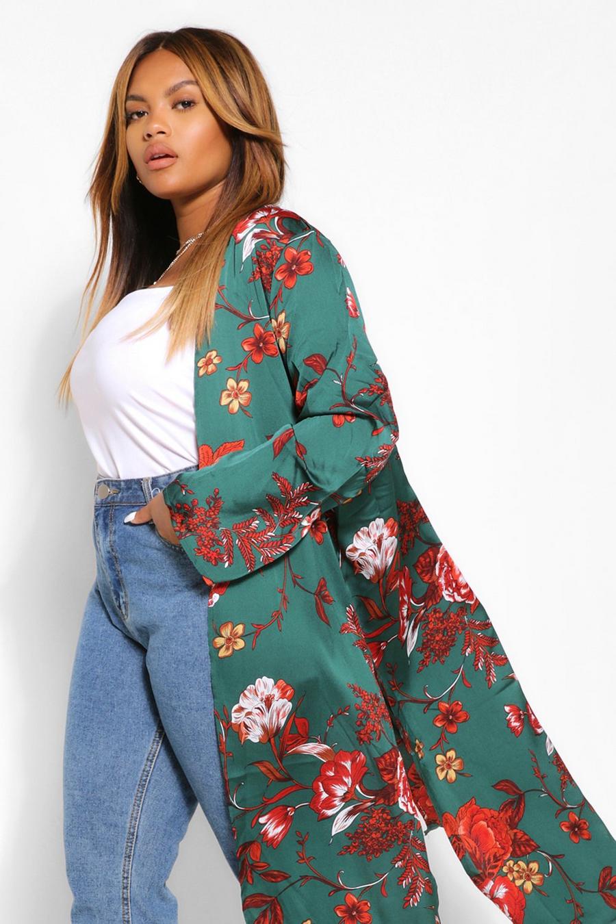 Kimono Plus midi de raso con estampado de flores, Verde azulado gerde image number 1