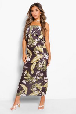 Boohoo Tropical Print Bandeau Maxi Dress ~ Noir Multi ~ Sz 10 ~ Neuf avec étiquettes 