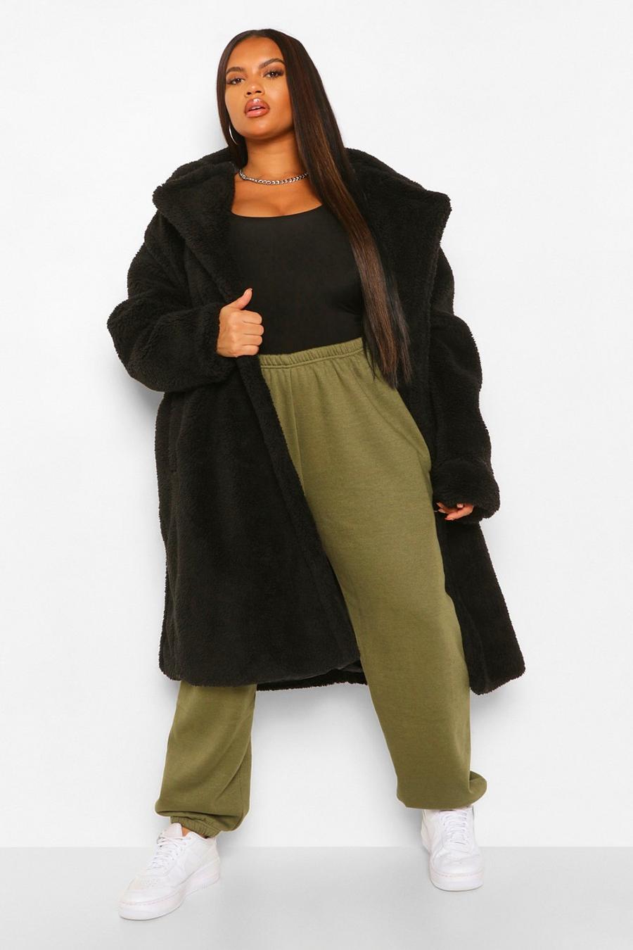 Grande taille - Manteau long en fausse fourrure polaire avec poches, Noir black image number 1