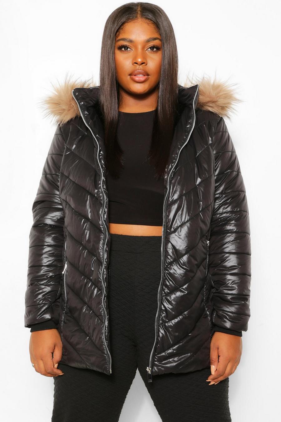 Plus Faux Fur Trim High Shine Puffer Jacket | Boohoo UK