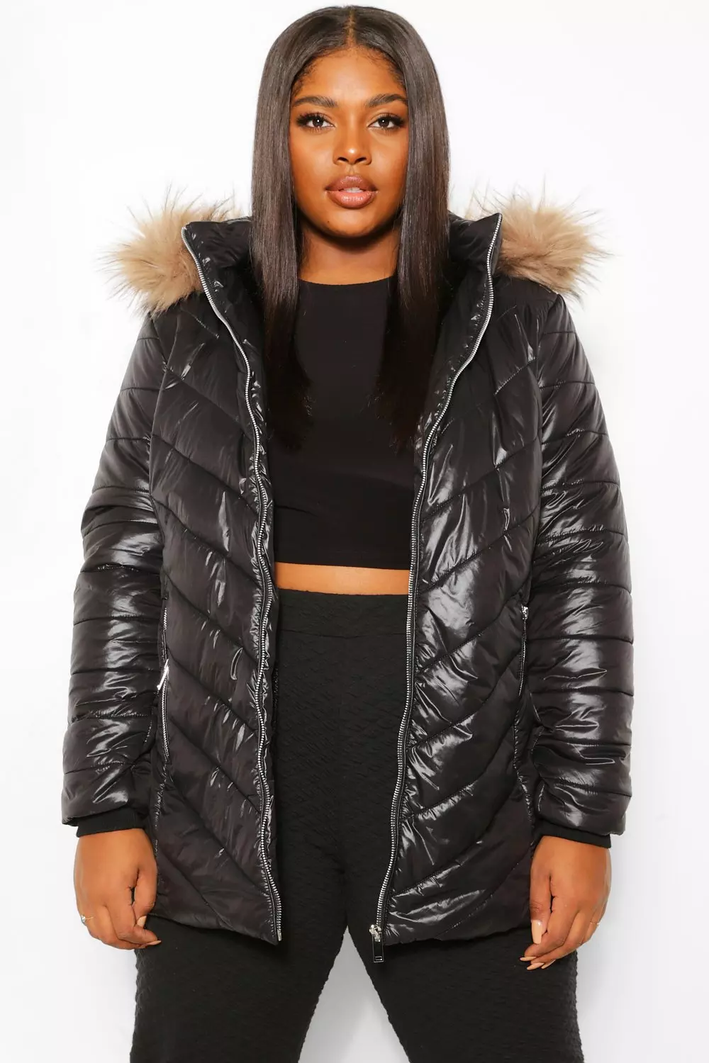 Plus Faux Fur Trim High Shine Puffer Jacket