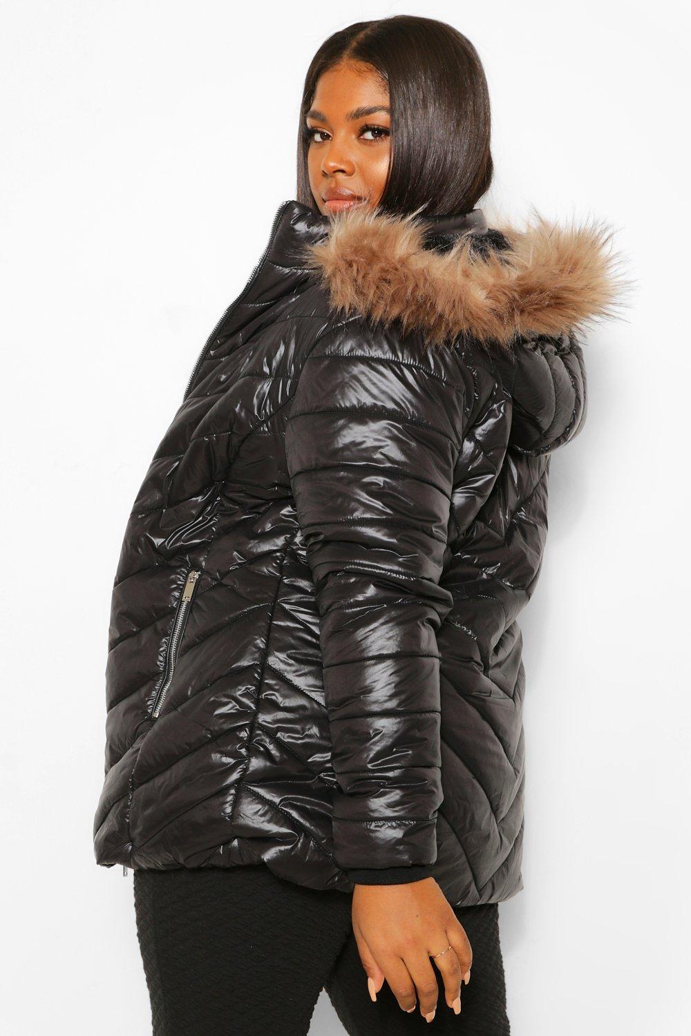 Black high shine puffer jacket with fur clearance hood