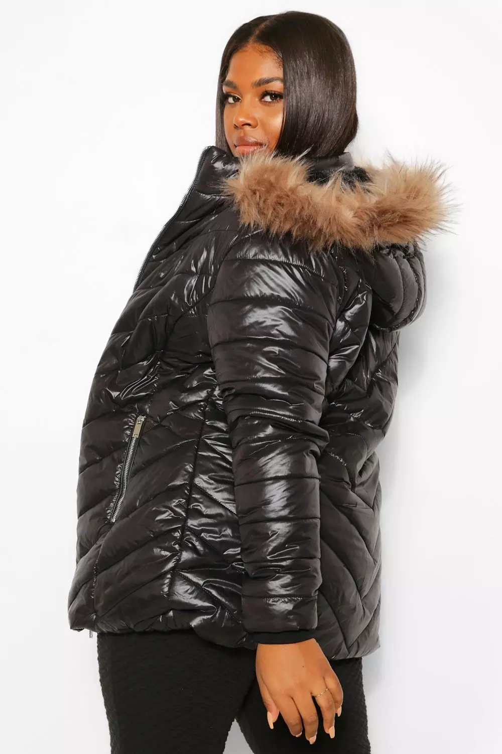 High shine puffer jacket with faux store fur hood