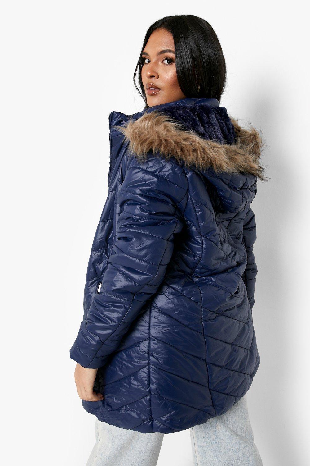 Navy faux fur store quilted puffer jacket