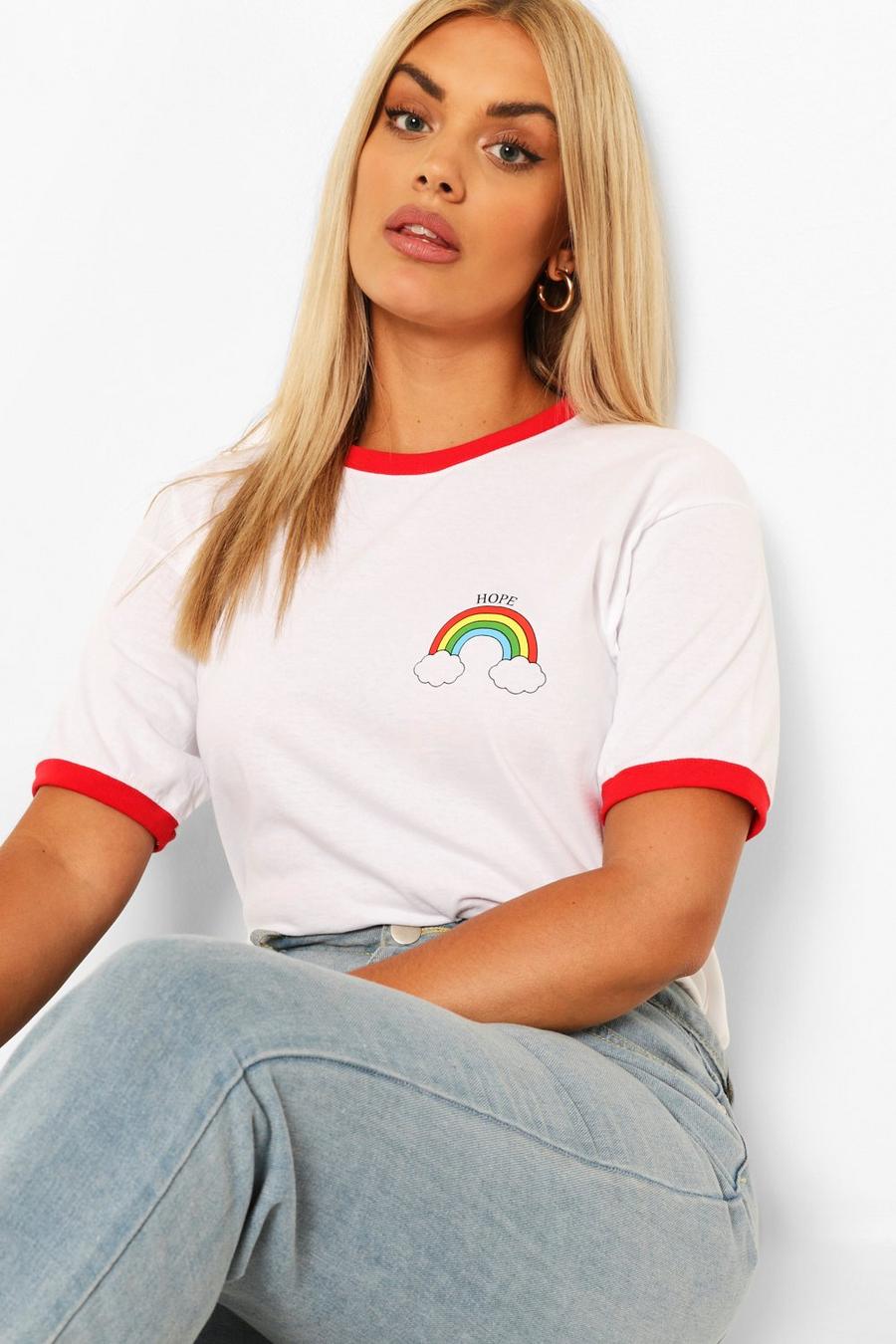 Plusmaat Ringer T-shirt met Regenboog hoop print op zakje image number 1