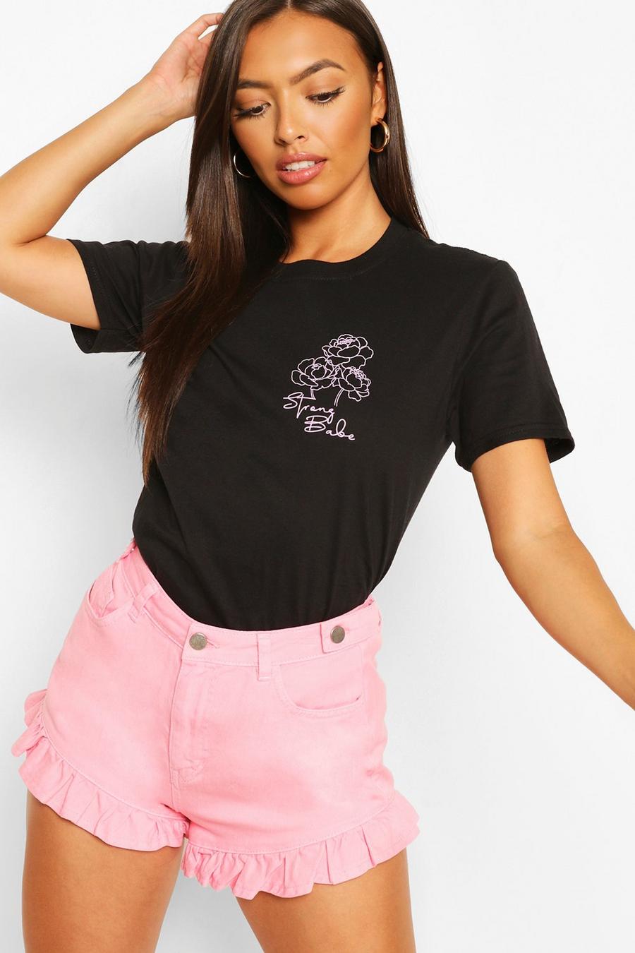 Petite T-Shirt mit „Strong Babe“-Slogan und Tasche mit Blumenmuster, Schwarz image number 1