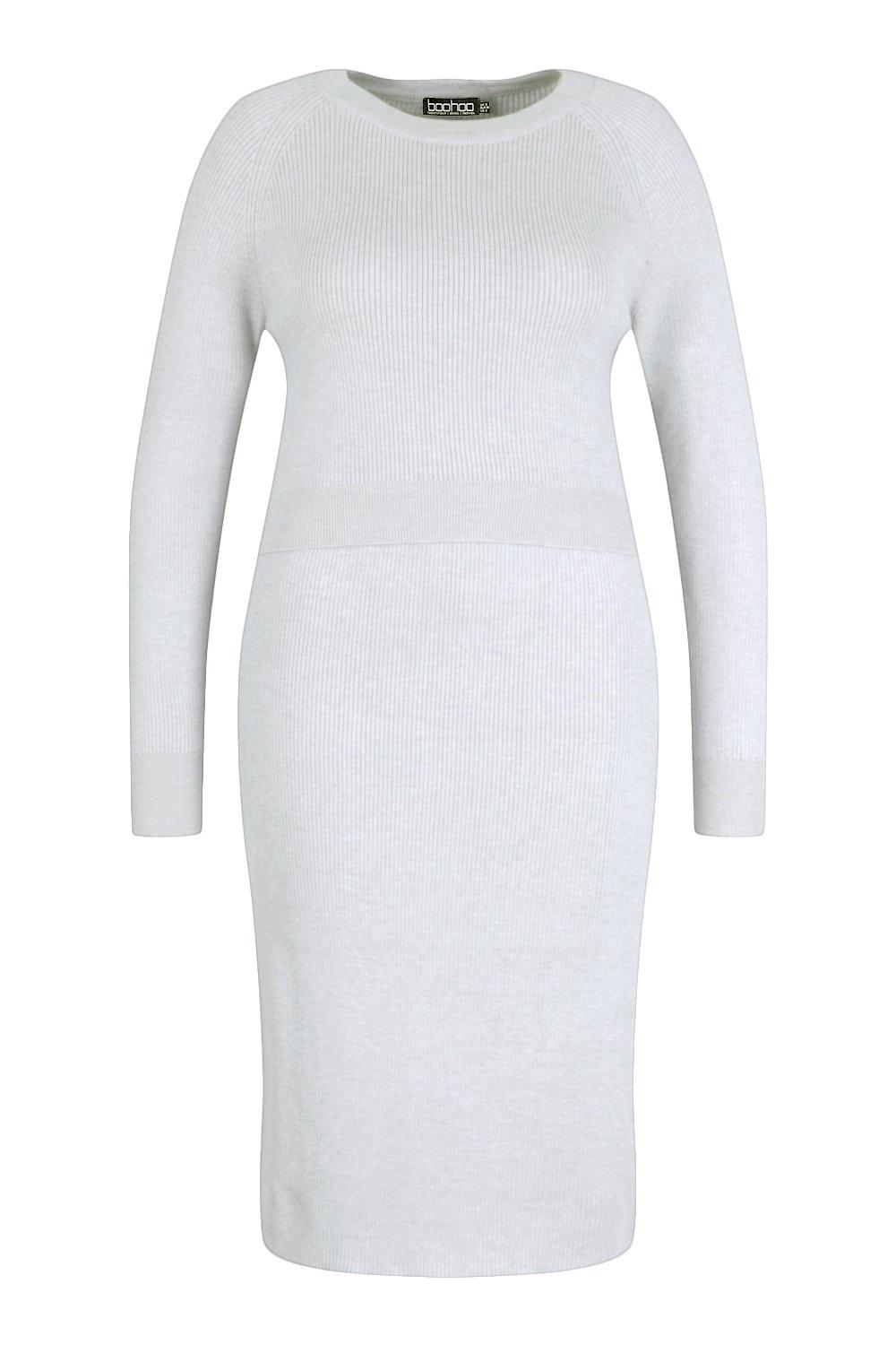 Boohoo Plus Fluffy Knitted Sweater & Skirt Set in Cream - Save 13% Womens Clothing Suits Skirt suits White 