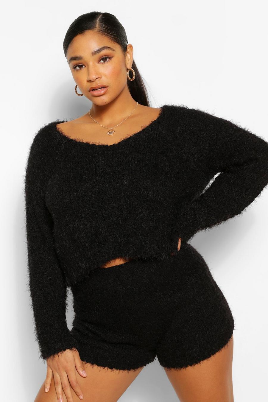 Black Plus Fluffy Knitted Sweater And Short Lounge Set image number 1