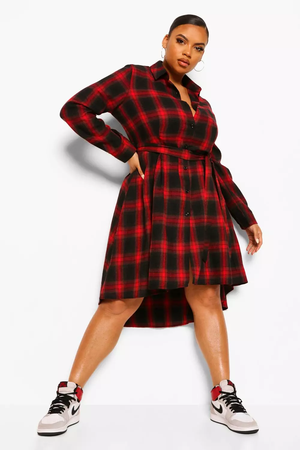 Lady Checkered Belted Midi Dress-