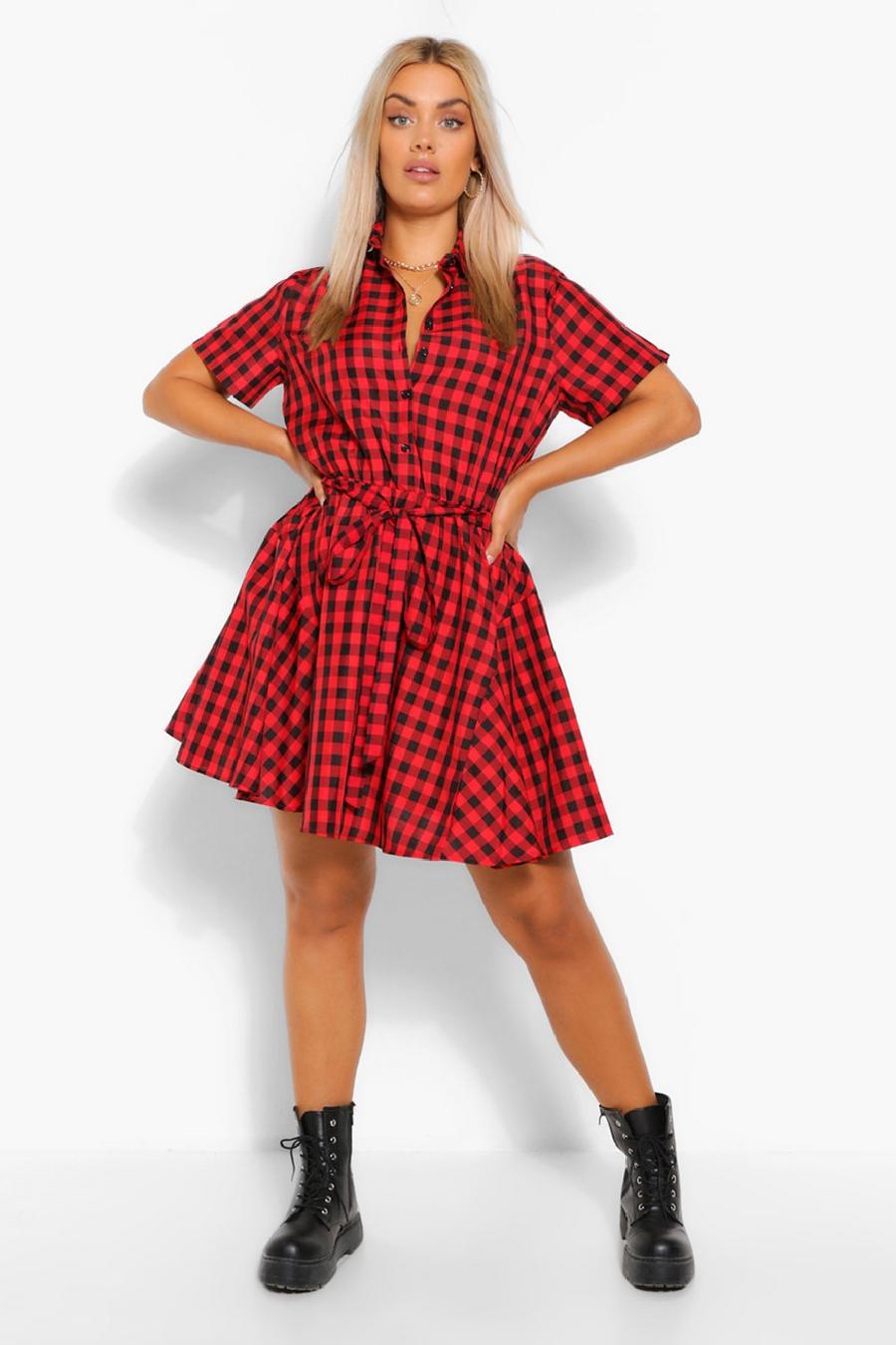 Red Plus Gingham Tie Waist Shirt Dress image number 1