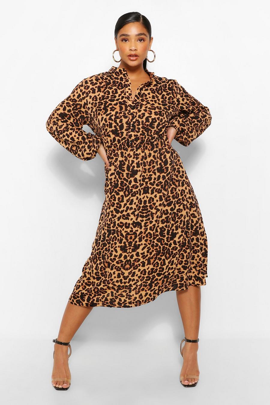 Brown Plus Leopard Print Belted Midi Dress image number 1