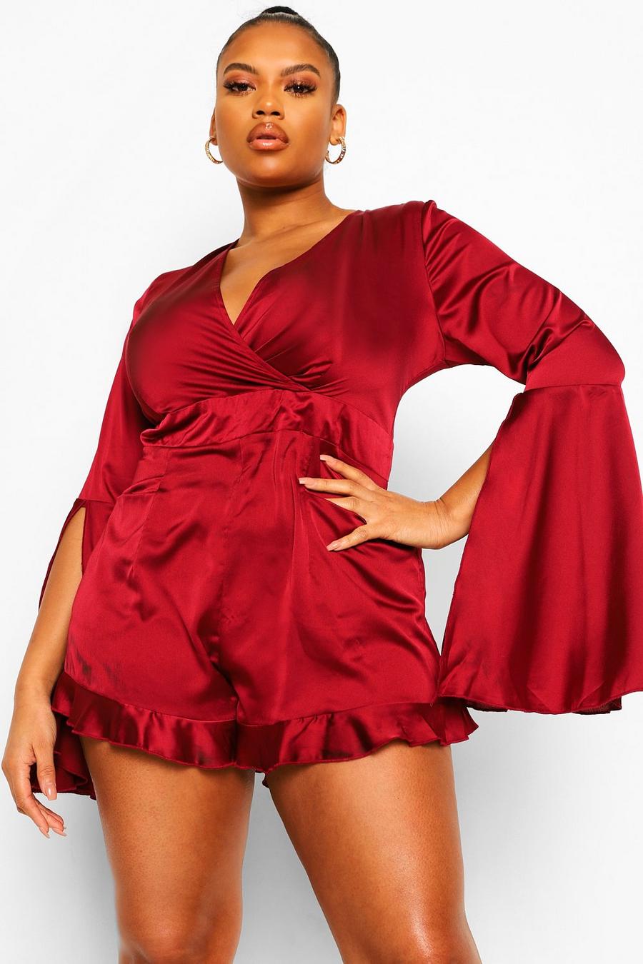 Berry Plus Satin Wrap Ruffle Playsuit image number 1