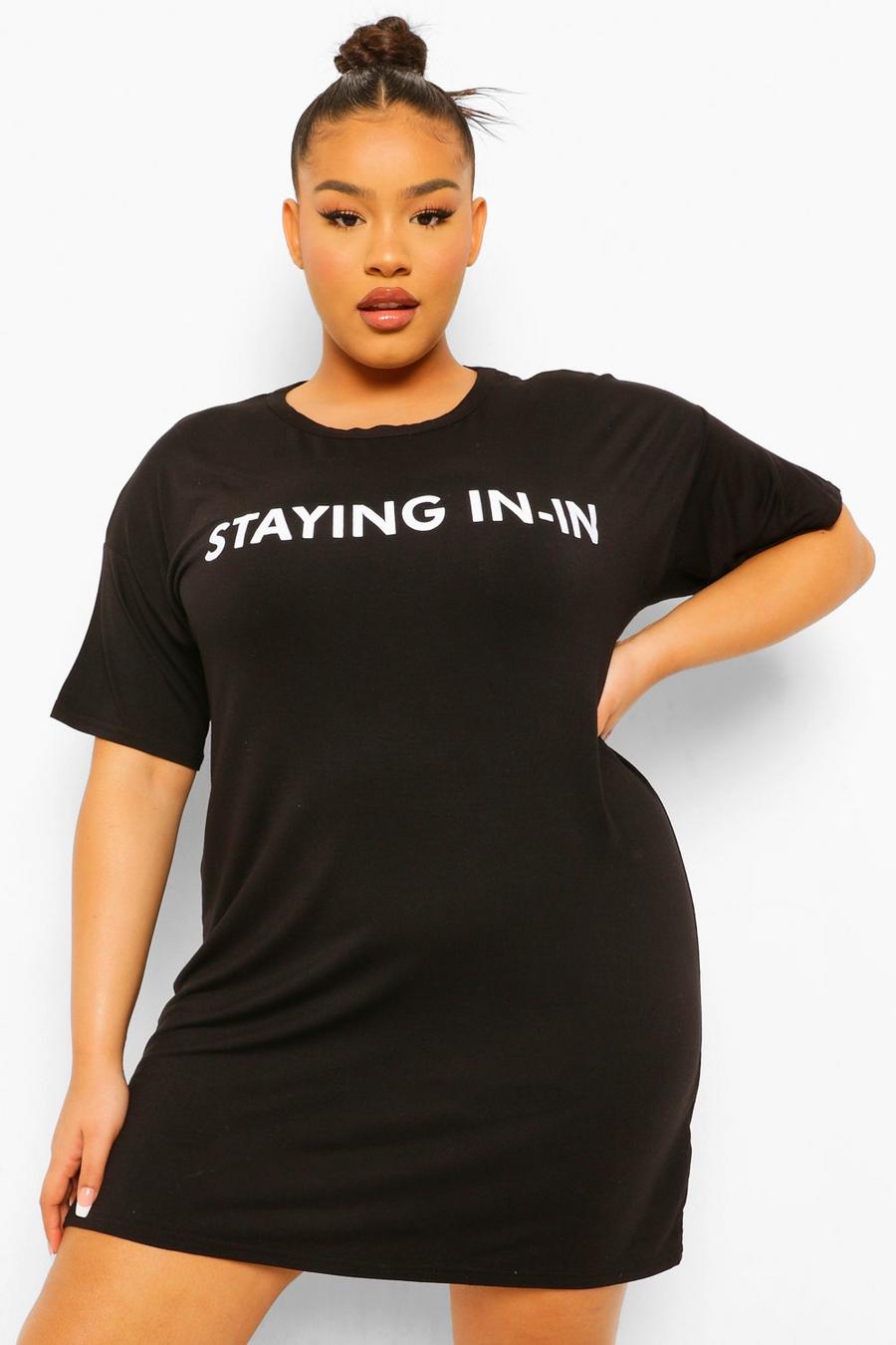 Plus T-Shirt-Kleid mit „Staying In-“-Print image number 1