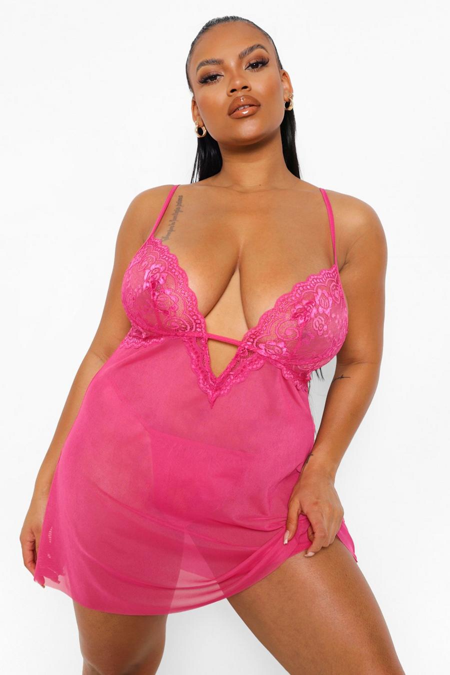 Babydoll Plus Size in pizzo con scollo profondo a V, Hot pink image number 1