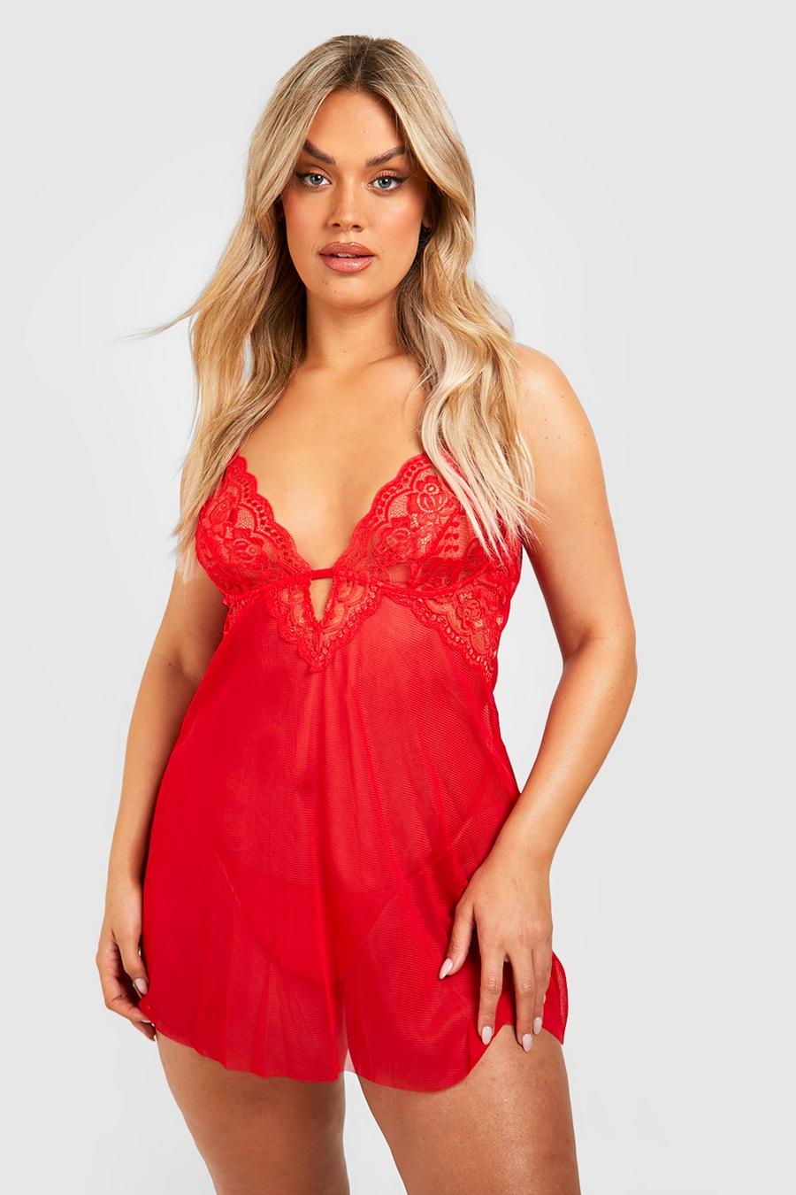 Red rosso Plus V Plunge Lace Babydoll image number 1