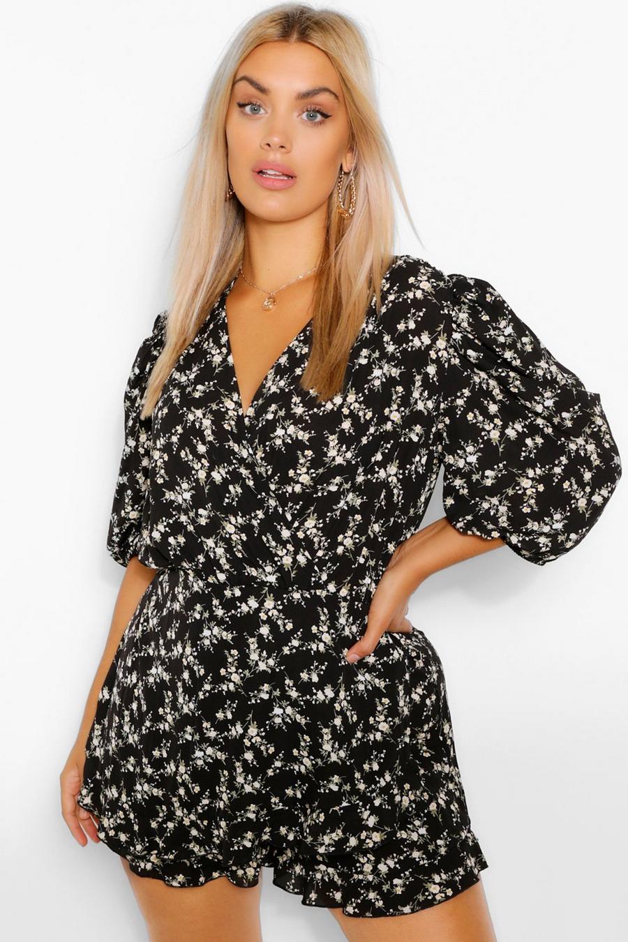 Black Plus Ditsy Floral Puff Sleeve Ruffle Playsuit image number 1